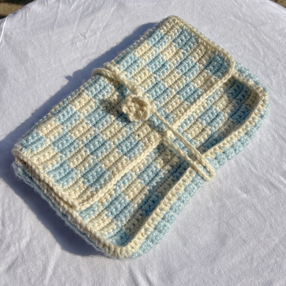 Handmade Crochet Book Sleeve in Blue and Cream Checkers